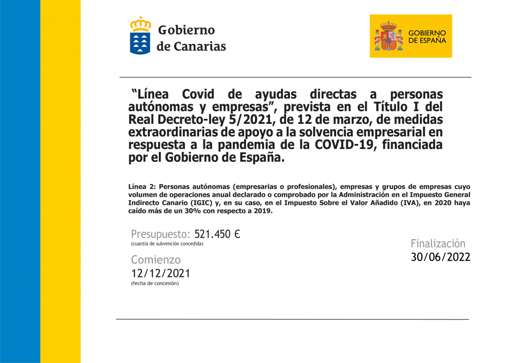 El Gobierno de España y el Gobierno de Canarias expresa en la siguiente información: “Línea Covid de ayudas directas a personas autónomas y empresas”, prevista en el Título I del Real Decreto-ley 5/2021, de 12 de marzo, de medidas extraordinarias de apoyo a la solvencia empresarial en respuesta a la pandemia de la COVID-19, financiada por el Gobierno de España. Línea 2: Personas autónomas (empresarias o profesionales), empresas y grupos de empresas cuyo volumen de operaciones anual declarado o comprobado por la Administración en el Impuesto General Indirecto Canario (IGIC) y, en su caso, en el Impuesto Sobre el Valor Añadido (IVA), en 2020 haya caído más de un 30% con respecto a 2019. Presupuesto: 521.450 Є (cuantía de subvención concedida). Comienzo 12/12/2021 (fecha de concesión). Finalización 30/06/2022